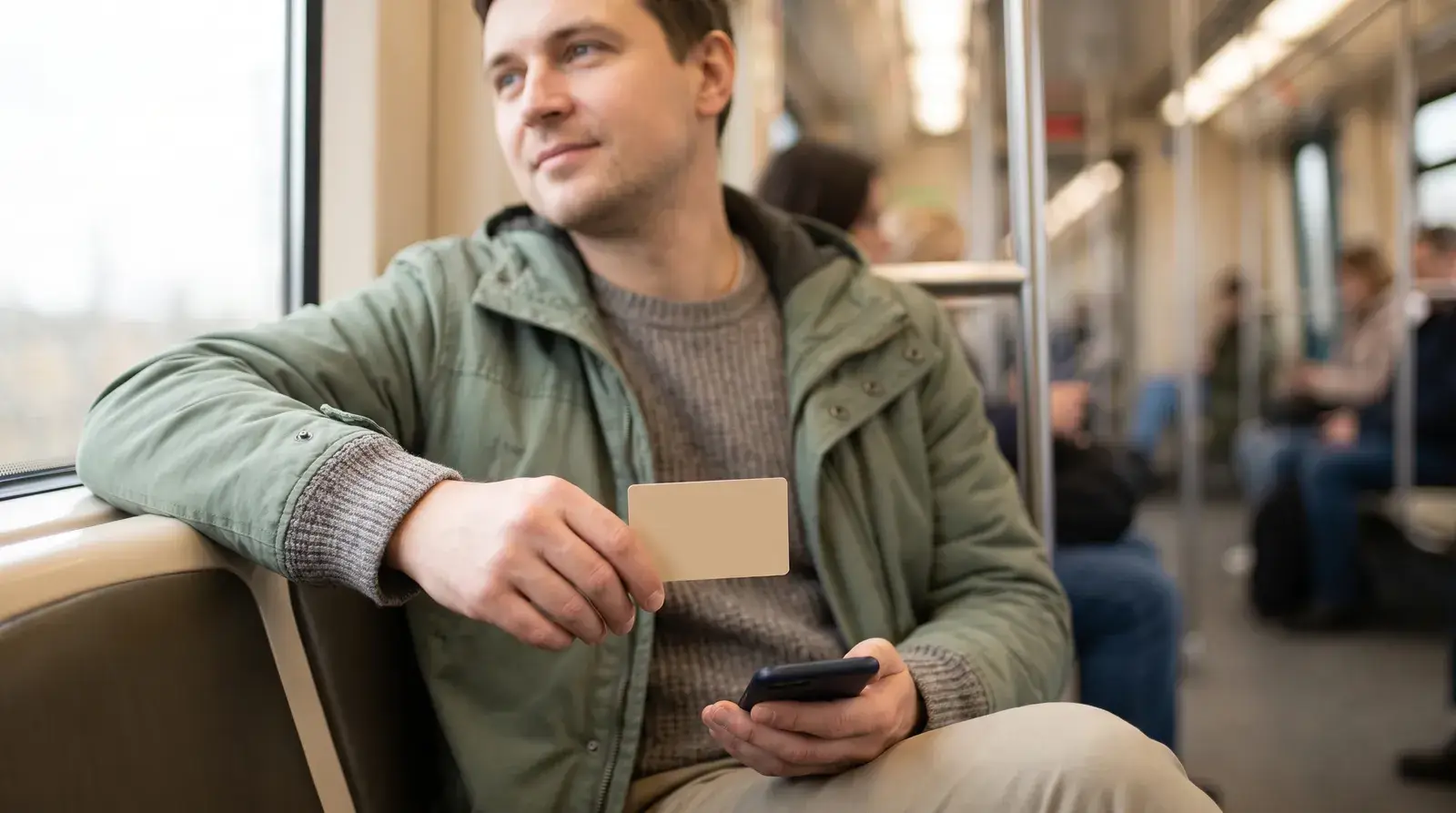 Мужчина в метро держит банковскую карту и смартфон, оформляя кредит на карту онлайн