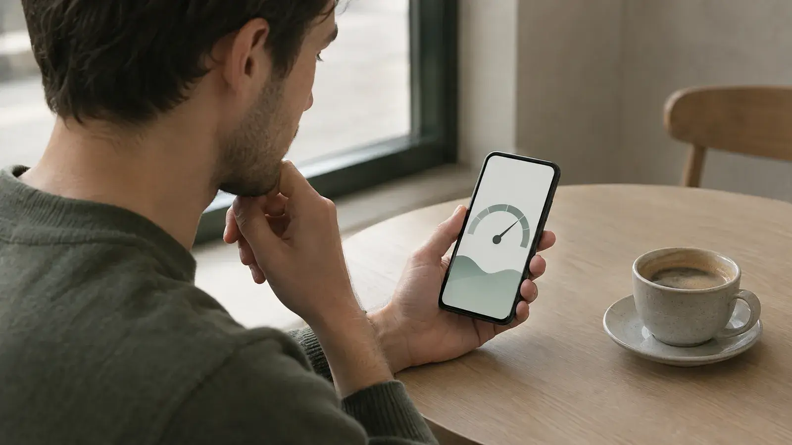 Мужчина в кафе смотрит свой кредитный рейтинг на экране смартфона