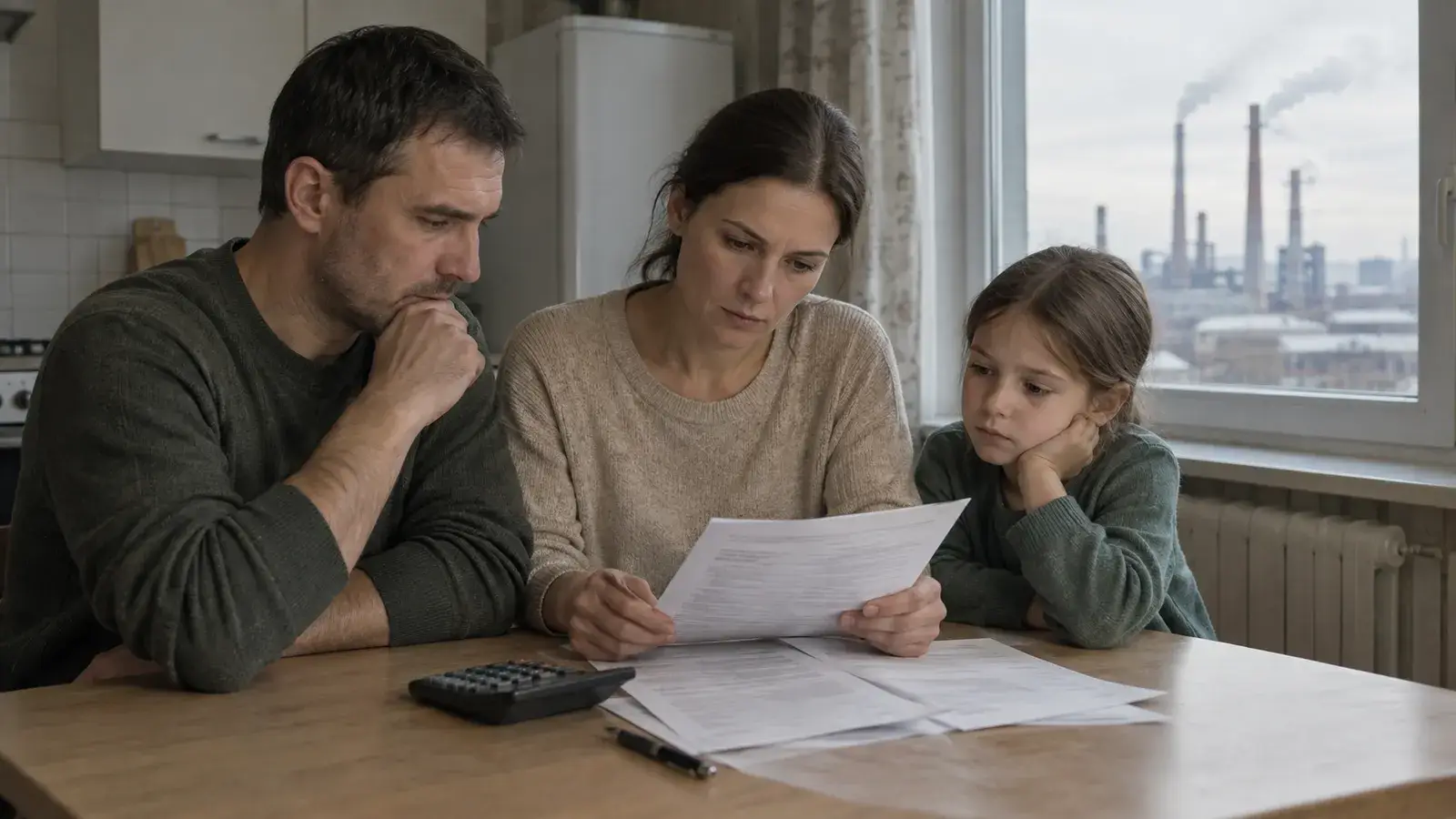 Семья в уральском городе обсуждает кредит урал банк за кухонным столом с документами