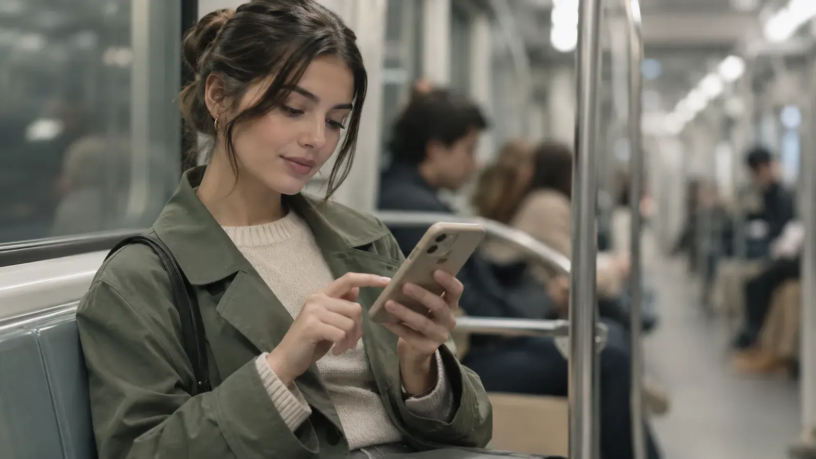 Девушка в метро оформляет мтс кредитную карту в приложении на смартфоне