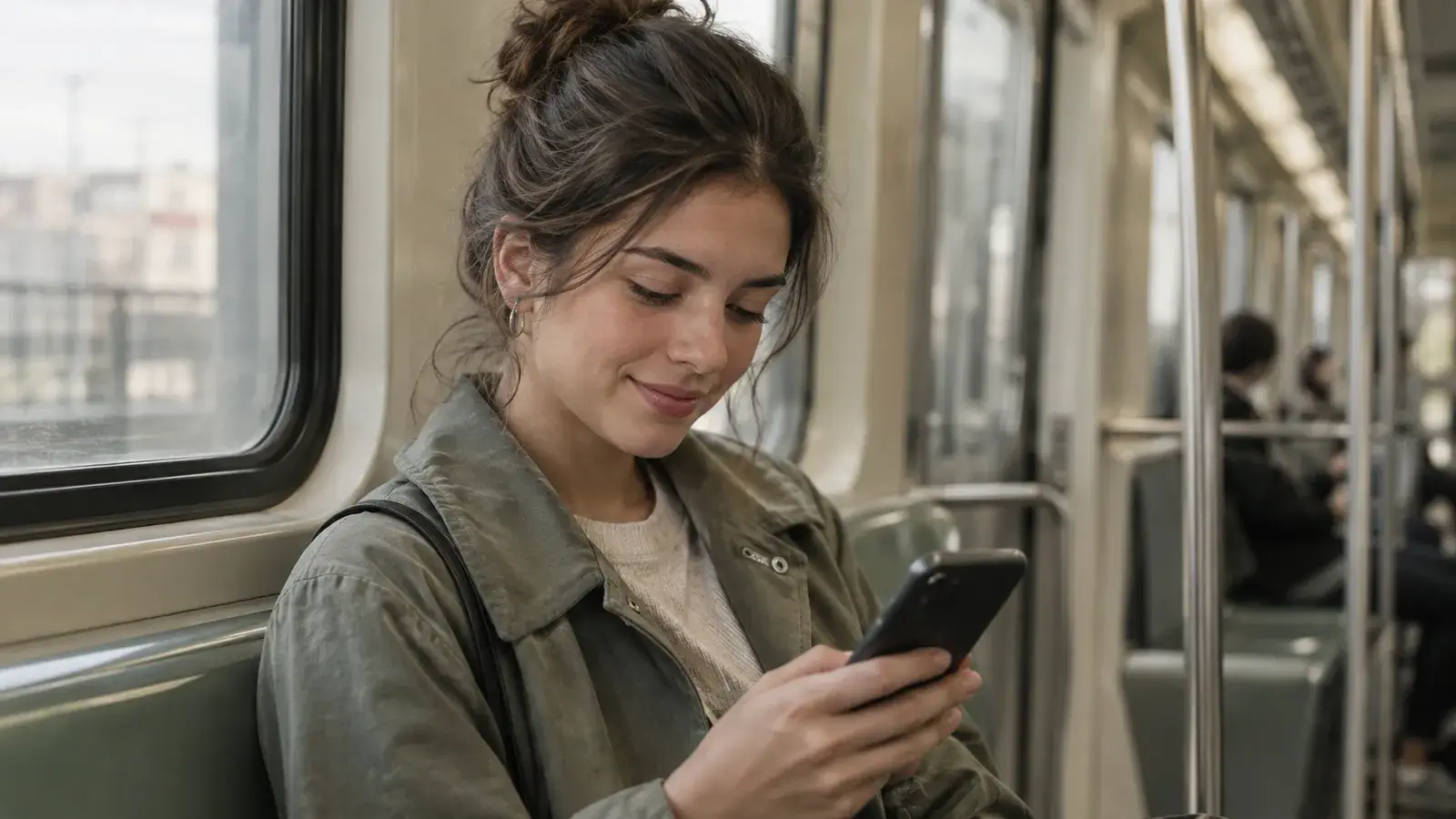 Девушка в метро смотрит на смартфон, где видно пополнение накопительного счёта